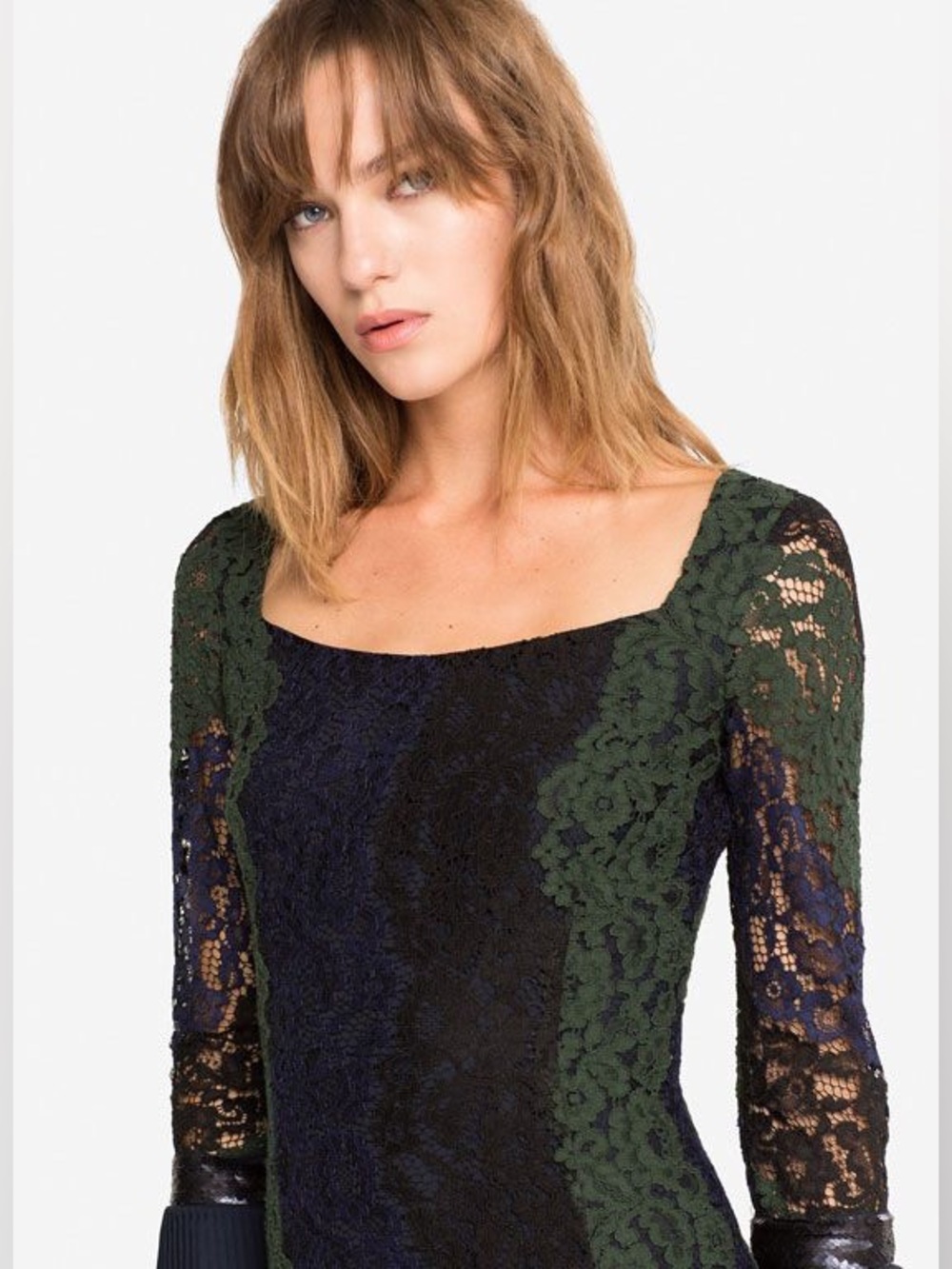 Like-new UTERQÜE Blue Green Black Floral Lace Midi Formal Sheath Dress Size M